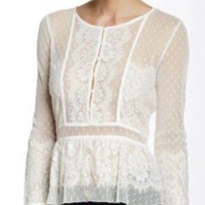 Free People Size M Black Penelope Lace Sheer Peplum Mesh Top